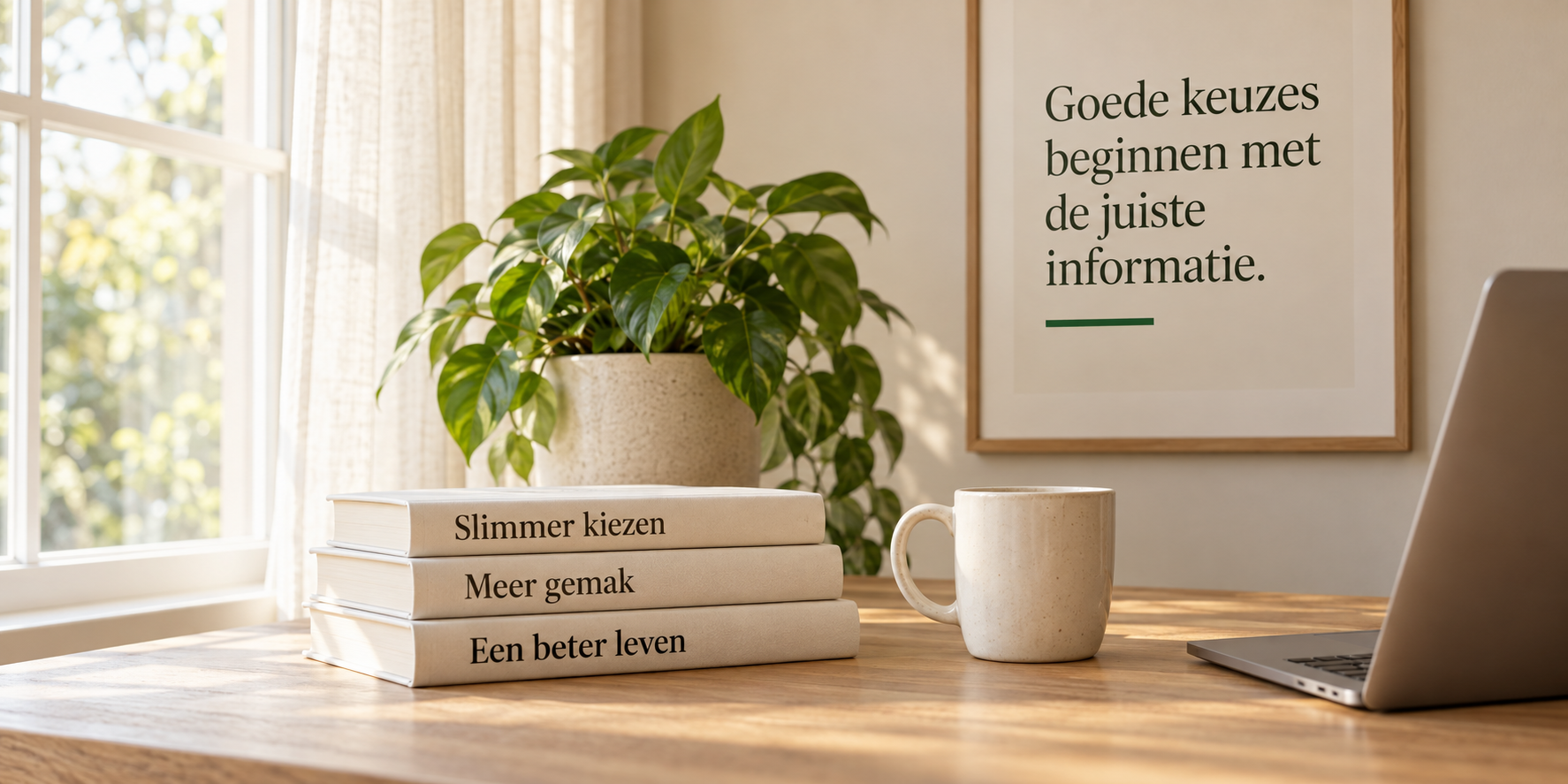 Boeken met de titels Slimmer kiezen, Meer gemak en Een beter leven, naast een mok en plant.