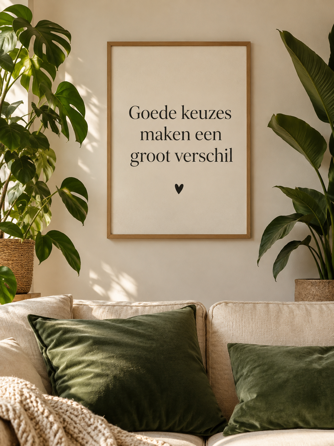 Bank met groene kussens en een poster: Goede keuzes maken een groot verschil.