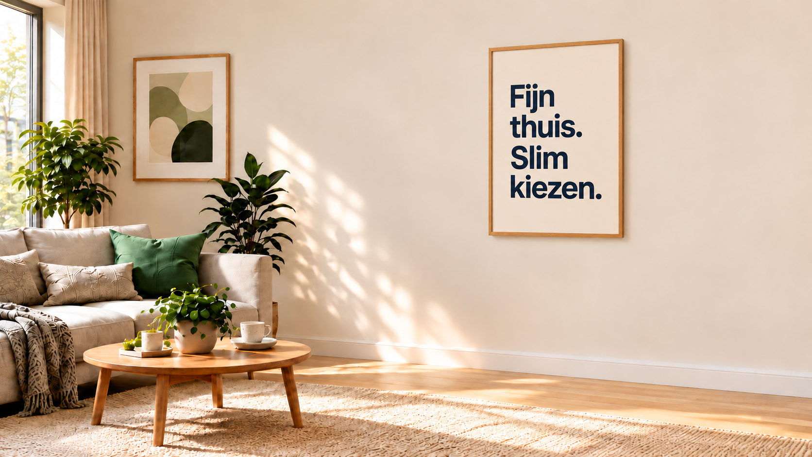 Woonkamer met poster: Fijn thuis. Slim kiezen.