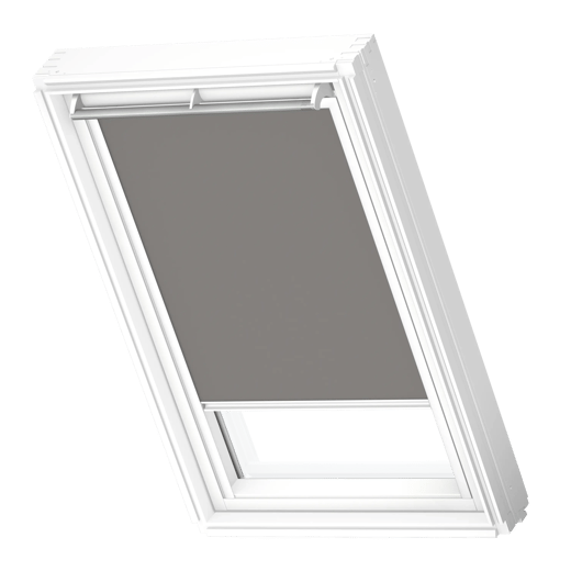 VELUX verduisterend rolgordijn in een dakraam — kleur en bediening ter illustratie